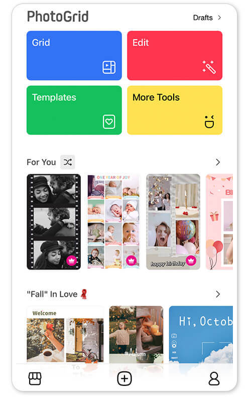 PhotoGrid App Interface : application collage photo gratuit pour montage photo