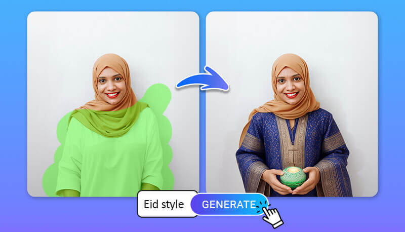 Utilisez "AI Replace" pour transformer les vêtements en style Ramadan sur la photo