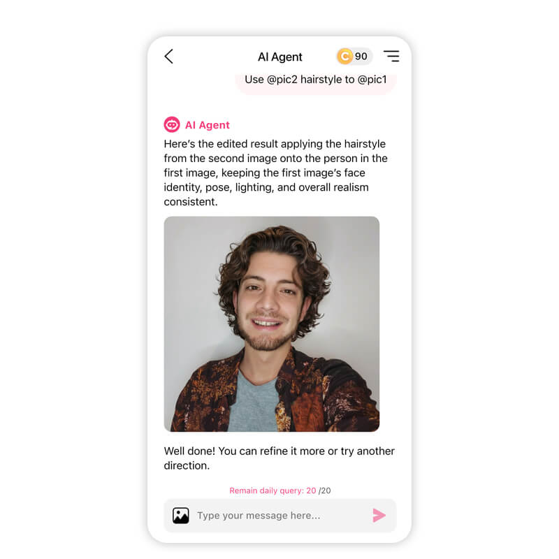 See yourself with any curly hairstyle in real time using YouCam Makeup app. Chat with AI Agent now to find the best curly hair for men.