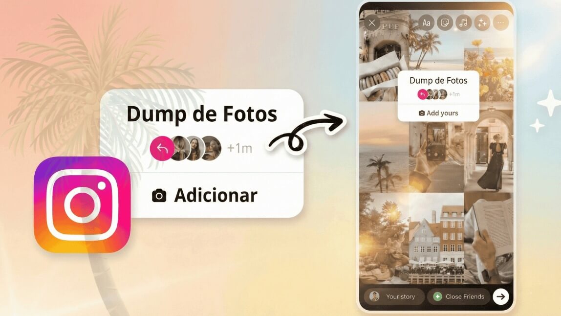 Exemplo de Story no Instagram com colagem de fotos aesthetic e o sticker da trend February Dump.