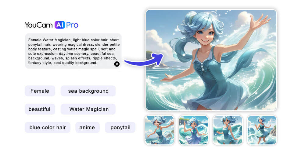 Benutzeroberfläche der YouCam AI Pro App, die zeigt, wie man Text in Bilder umwandelt.