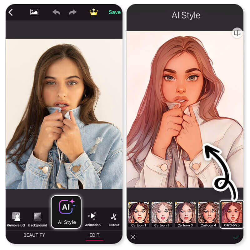 Bild in Comic umwandeln mit YouCam Perfect Benutzeroberfläche von YouCam Perfect für Comic-Filter