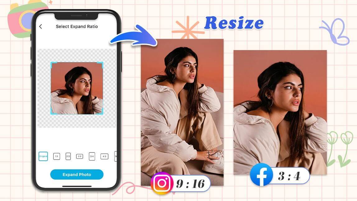 Smartphone-App zeigt Porträtfoto im 1:1-Format, das für Instagram und Facebook auf 9:16 und 3:4 erweitert wurde.