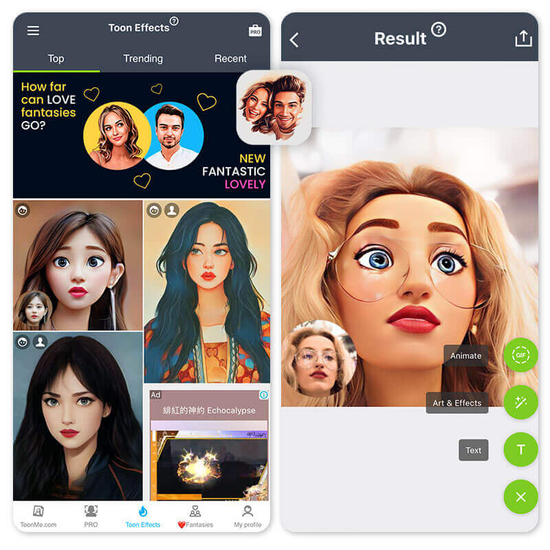 Bild in Comic umwandeln mit ToonMe Benutzeroberfläche der Comic-App von ToonMe