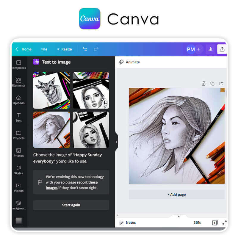 Canva AI-Bild-Generator Die Benutzeroberfläche von Canva zeigt, wie der KI-Bild-Generator in eine Design-Vorlage integriert ist.