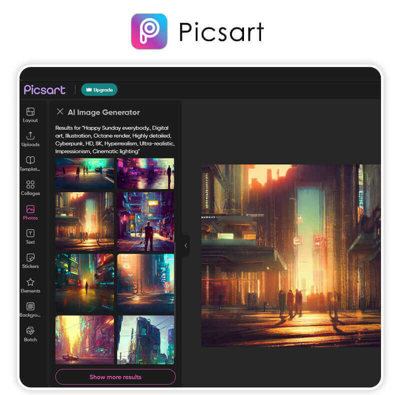 Picsart AI-Bild-Generator Die App-Oberfläche von Picsart mit der integrierten Funktion zum Generieren von KI-Bildern.