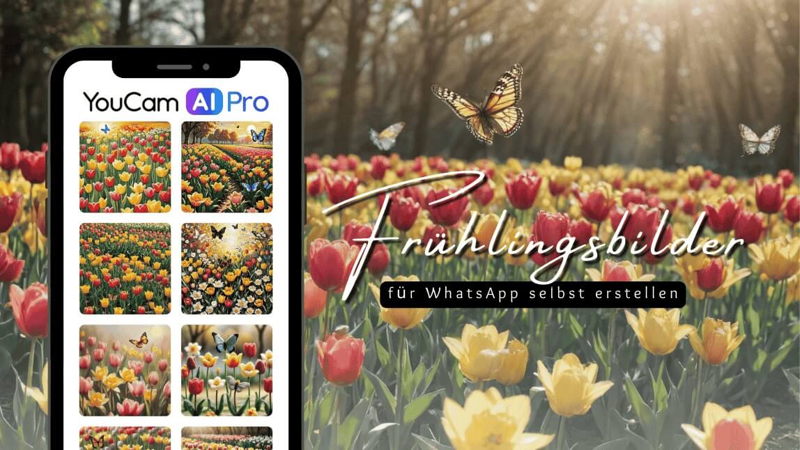 Smartphone zeigt verschiedene Frühlingsbilder mit bunten Tulpenfeldern und Schmetterlingen. Im Hintergrund ein sonnendurchflutetes Tulpenfeld mit Schmetterlingen.
