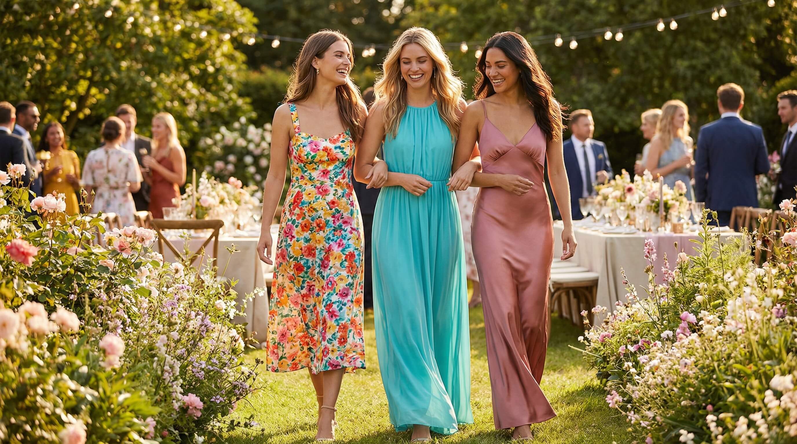 Three women wearing different summer wedding guest dresses at outdoor venue