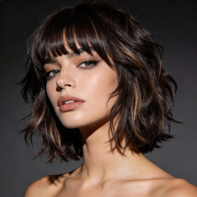 Frau mit texturiertem Wolf Cut, Curtain Bangs und dunklem Haar mit Highlights