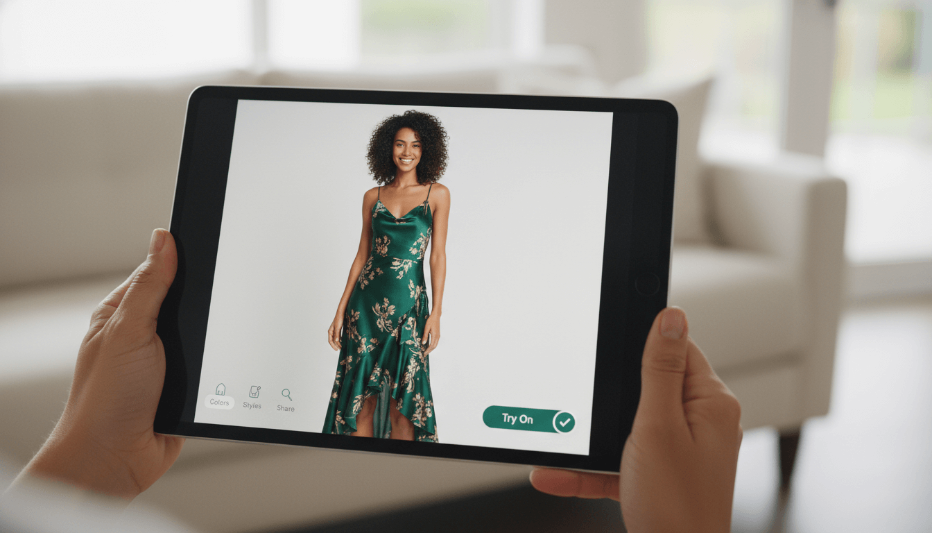 AI virtual try-on preview of summer wedding guest dress on a tablet