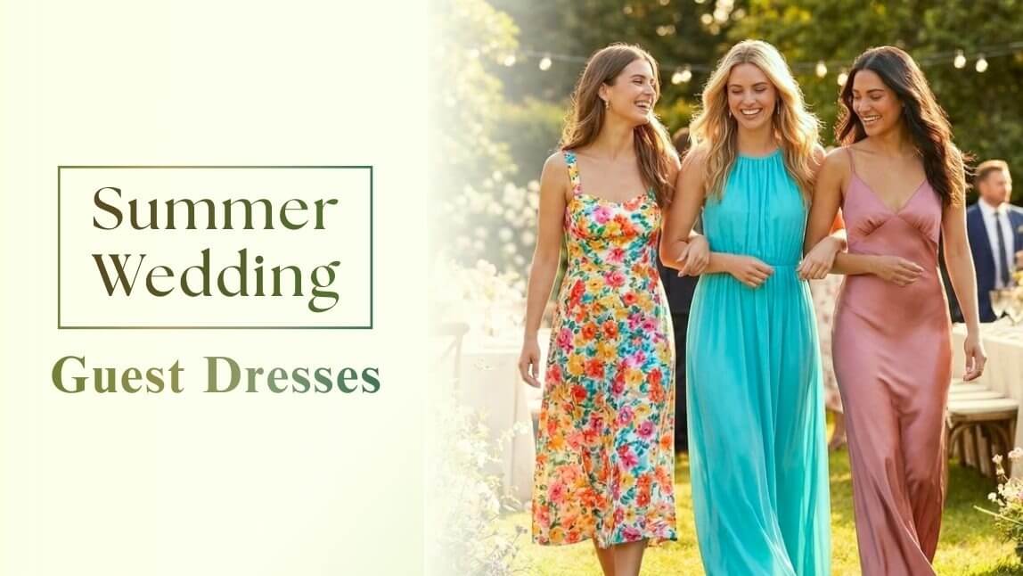 Three women wearing different summer wedding guest dresses at outdoor venue