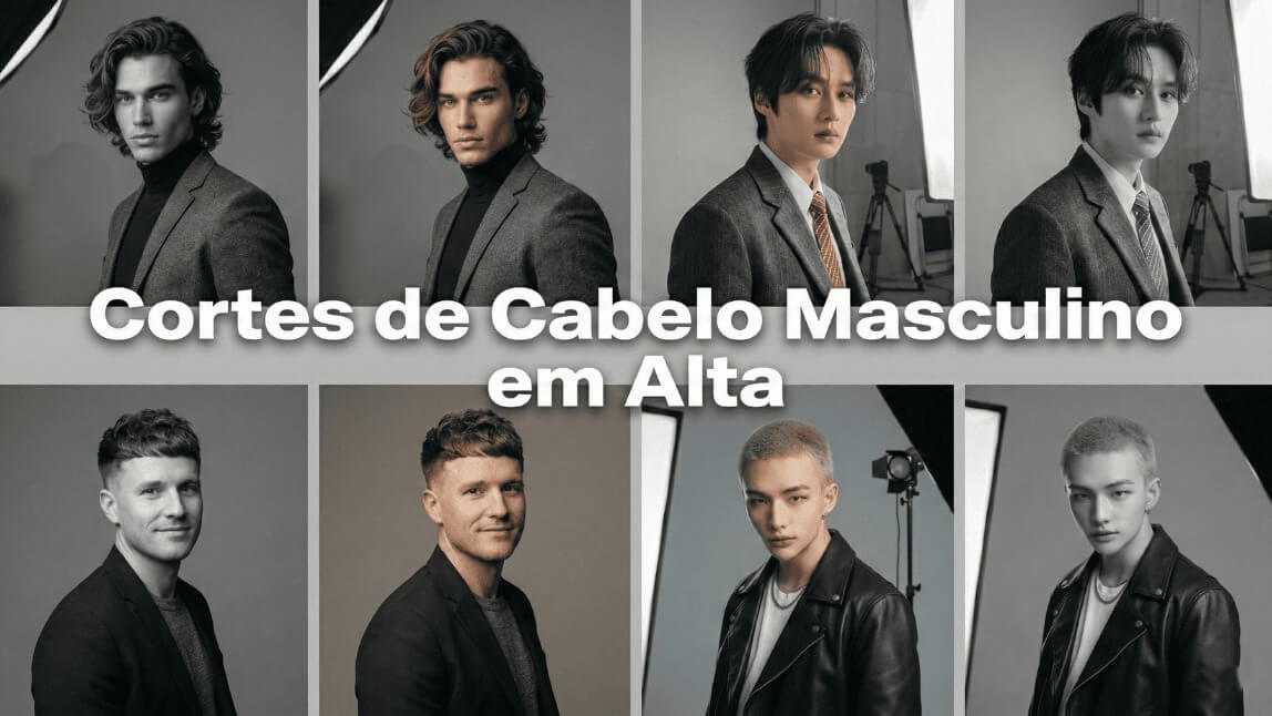 Cortes de cabelo masculino em alta 2026: degradê, cabelo médio com caimento natural e buzz cut para testar virtualmente com IA no YouCam Makeup
