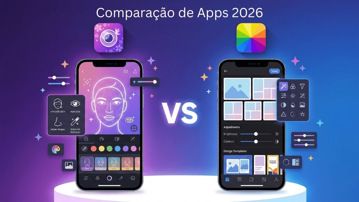 Comparação entre YouCam Perfect e Fotor: dois smartphones exibindo interfaces de edição de fotos com IA, com os ícones dos apps e o texto "VS" ao centro — comparação de apps 2026