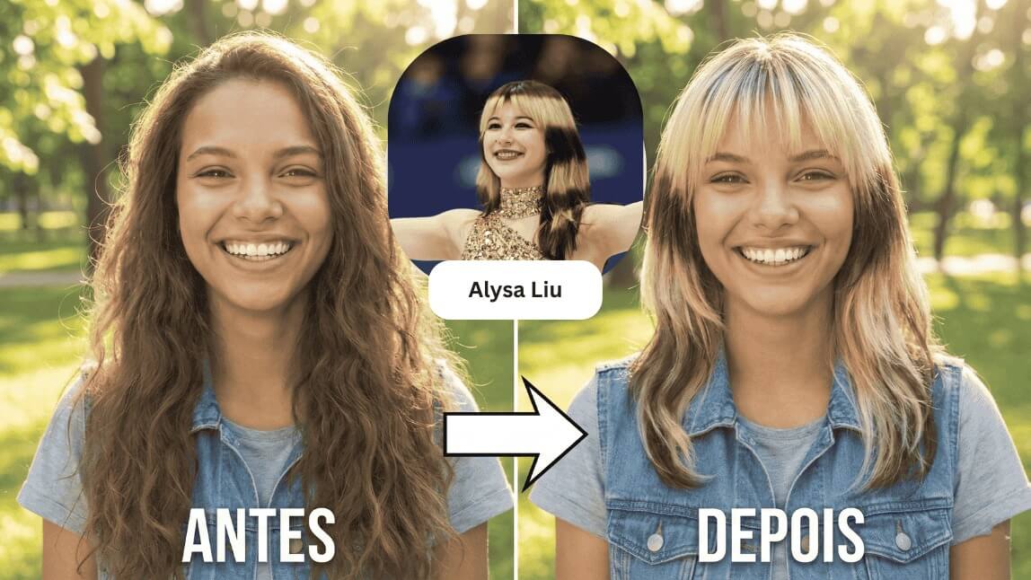 Antes e depois de uma jovem sorrindo ao testar a tendência de cabelo listrado halo hair da Alysa Liu usando o simulador virtual YouCam Makeup.