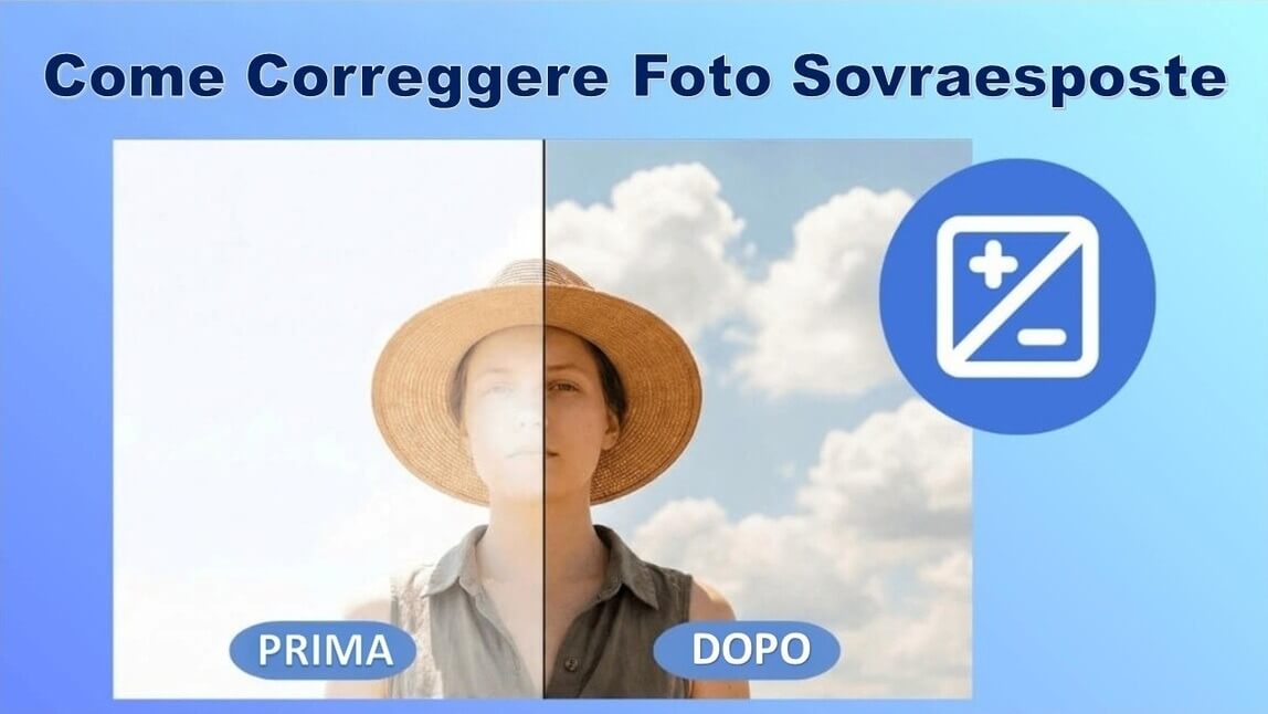 Confronto prima e dopo che mostra come correggere le foto sovraesposte; lo sfondo bianco bruciato viene trasformato in un cielo blu nitido grazie alla regolazione dell’illuminazione con l’AI.