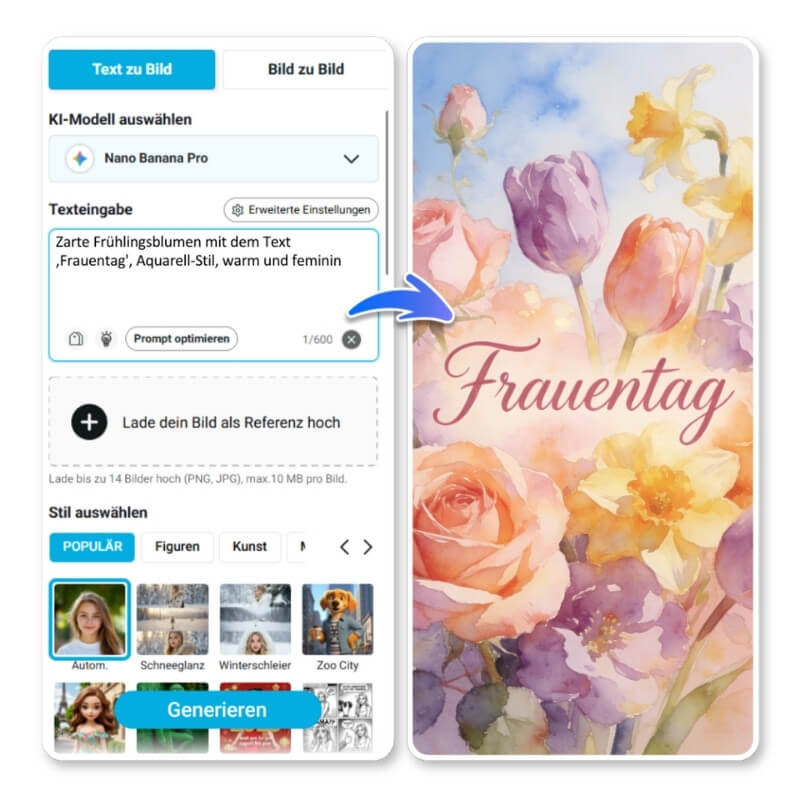 YouCam AI Pro App – Weltfrauentag Bild mit Text 'Frauentag' per KI aus Aquarell-Blumen-Prompt erstellt