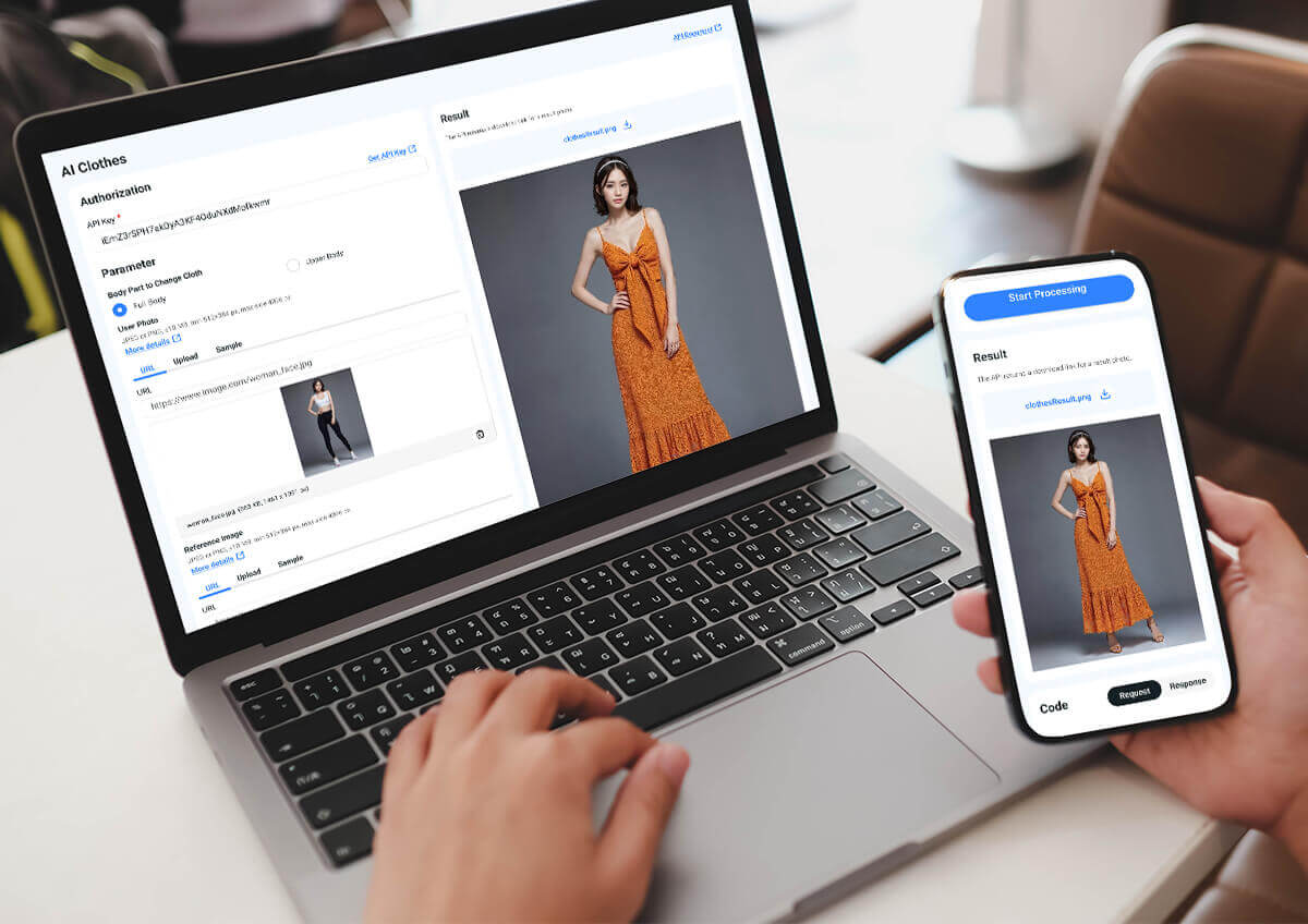AI fashion technology API interface displaying outfit change results
