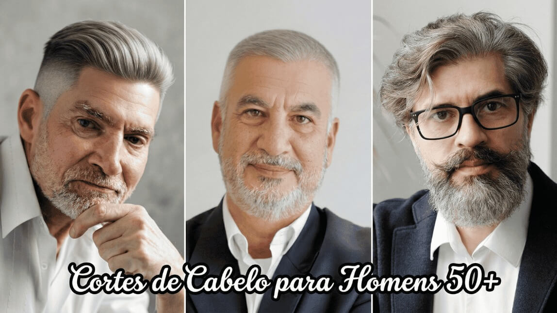 Cortes de cabelo masculino para homens de 50 anos: slick back grisalho, buzz cut e cabelo médio com textura