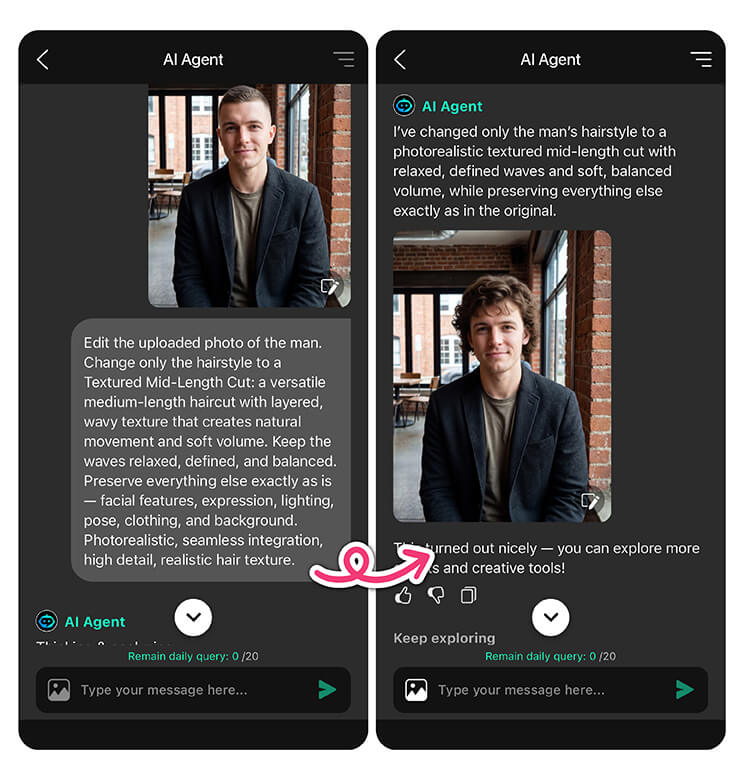 Upload a clear photo of yourself into AI Agent to try on any hairstyle.