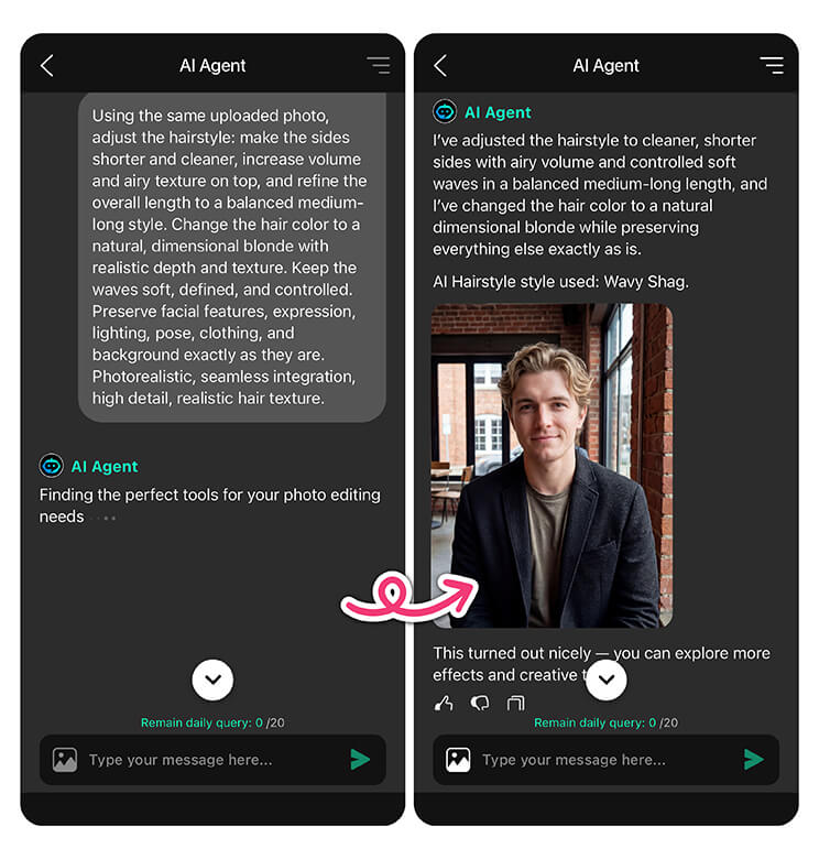 Try AI Agent tool in YouCam Perfect to visualize any wavy haircut on yourself.