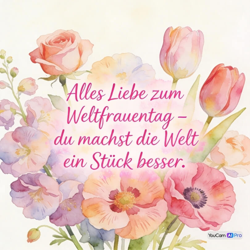 Weltfrauentag Grußbild im Aquarell-Stil mit Rosen und Tulpen und dem Text 'Alles Liebe zum Weltfrauentag – du machst die Welt ein Stück besser' – für WhatsApp erstellt