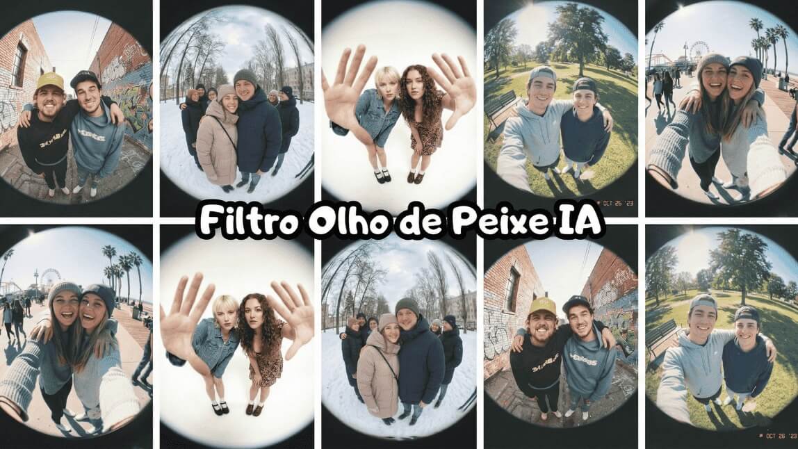 colagem de fotos em grupo com filtro olho de peixe por IA mostrando efeito fisheye grande-angular em selfies e fotos ao ar livre