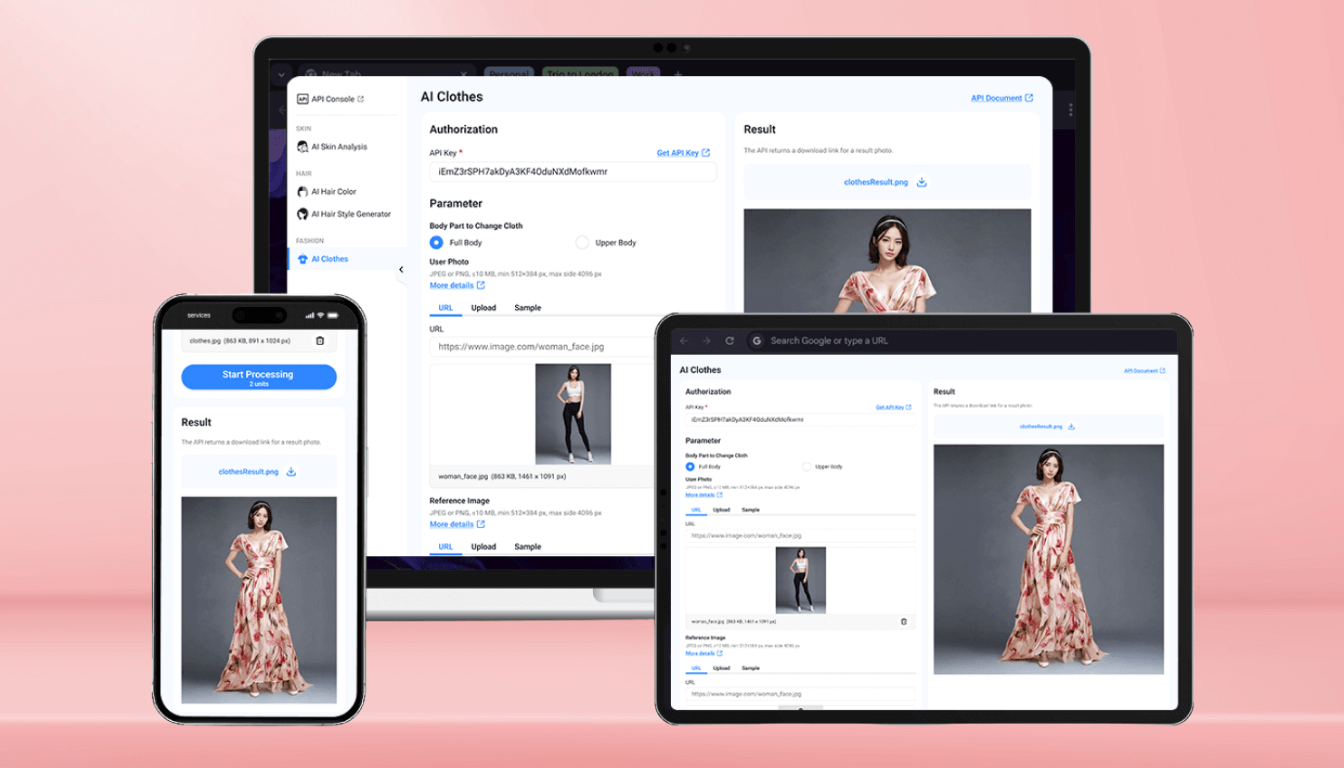 AI clothes changer API playground interface showing outfit change results
