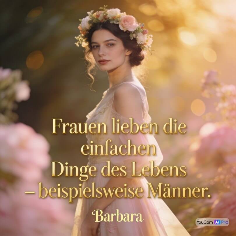 Weltfrauentag Bild mit Zitat 'Frauen lieben die einfachen Dinge des Lebens – beispielsweise Männer' von Barbara, fotorealistisches KI-Bild