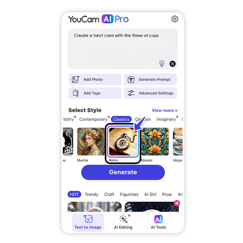Verschiedene Kunststile für individuelle Tarotkarten in YouCam AI Pro