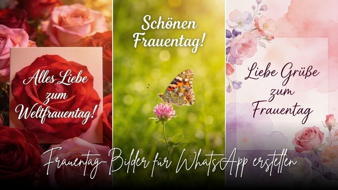 Collage mit drei Frauentag-Bildern für WhatsApp: Rosen mit 'Alles Liebe zum Weltfrauentag', Schmetterling auf Blume mit 'Schönen Frauentag' und Aquarell-Blumen mit 'Liebe Grüße zum Frauentag'