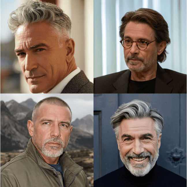Penteados masculinos modernos para homens maduros: topete grisalho, cabelo médio com óculos, buzz cut com barba e slick back lateral
