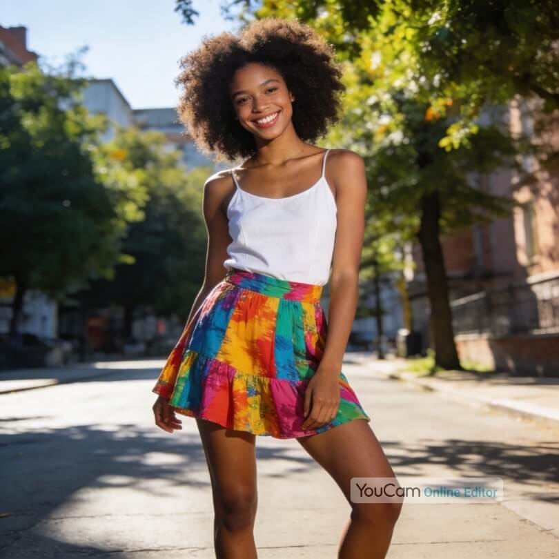 KI-generierter realistischer Avatar: Lächelnde Frau mit Afro-Haar  im farbenfrohen Sommerrock auf einer sonnigen Stadtstraße,  erstellt mit dem YouCam KI-Bildgenerator