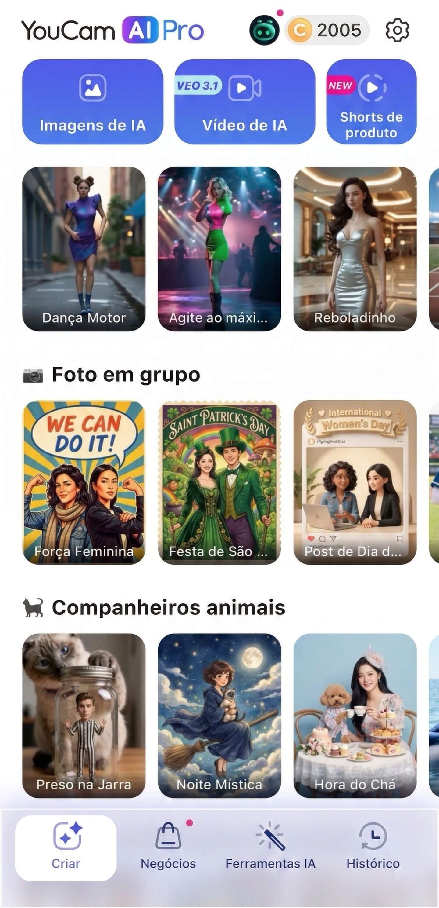 Interface do YouCam AI Pro no celular com opções de geração de vídeo com IA, imagens e templates