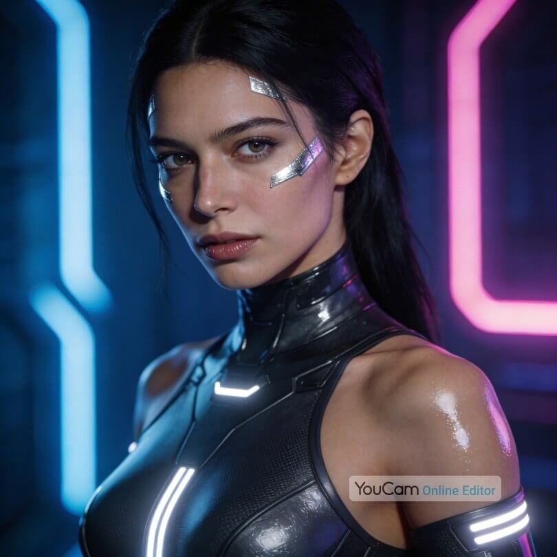 KI-generierter realistischer Avatar: Frau in schwarzem High-Tech-Outfit  mit Neon-Lichtakzenten und futuristischem Make-up