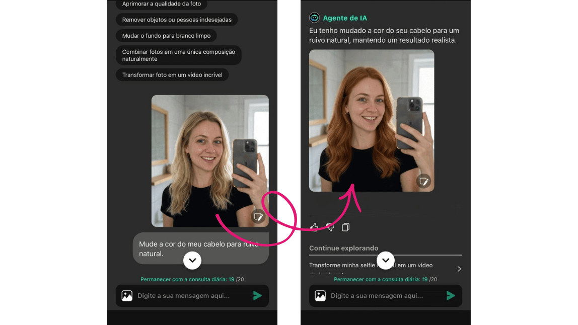 Agente de IA do YouCam Perfect mudando a cor do cabelo para ruivo natural usando comando de texto em português — edição de foto com inteligência artificial