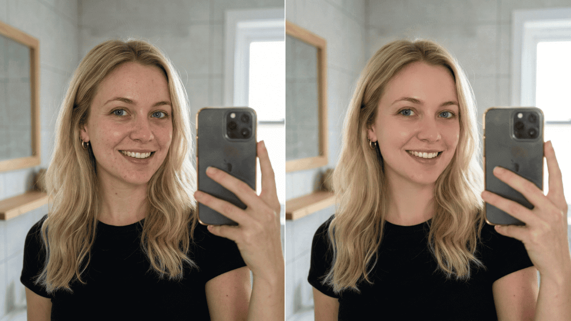 Comparação antes e depois do retoque de selfie com IA no YouCam Perfect: pele mais uniforme, olhos realçados e resultado natural em segundos
