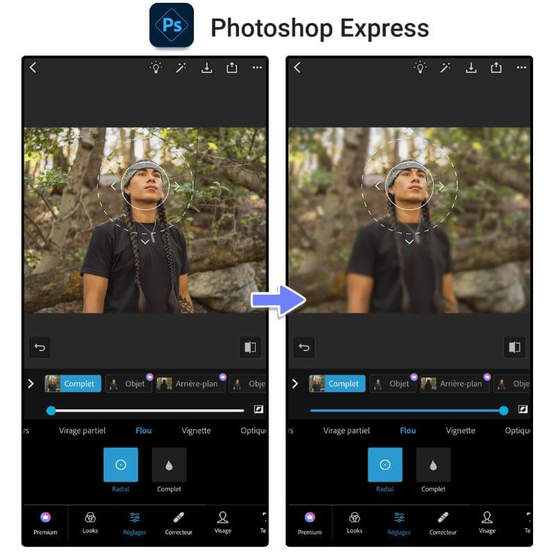 Photoshop express : application pour flouter arriere plan photo