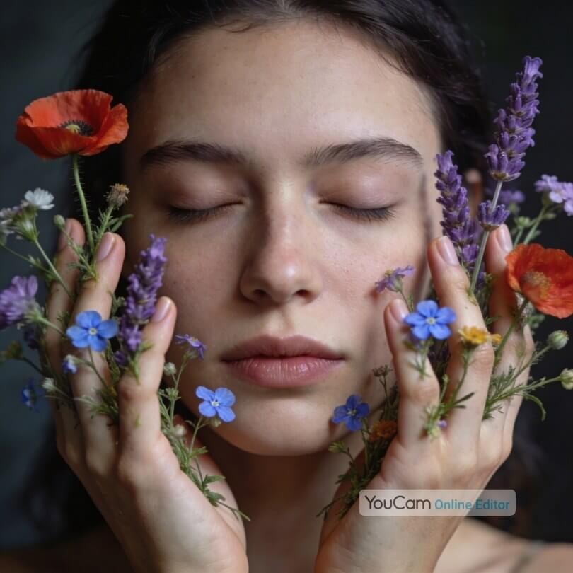 KI-generierter realistischer Avatar: Frau mit geschlossenen Augen,  Wildblumen zwischen den Fingern, surreales Naturporträt erstellt mit YouCam Online Editor