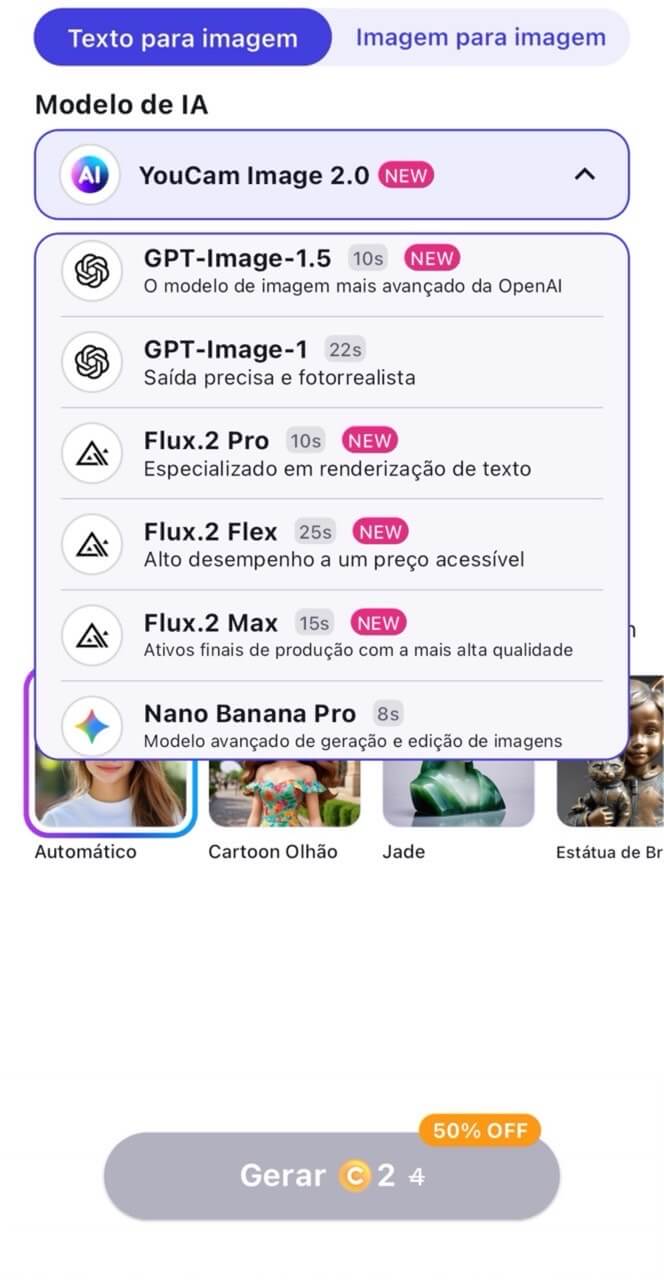YouCam AI Pro com modelos de geração de imagem com IA: GPT-Image 1.5, Flux.2 Pro, Nano Banana Pro e mais