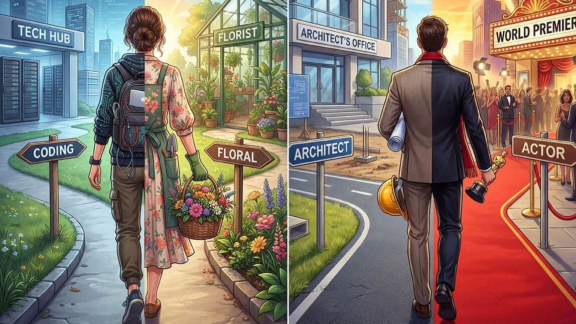 Exemplos do AI job trend do TikTok: mulher entre programação e floricultura, e homem entre arquitetura e atuação, gerados por inteligência artificial