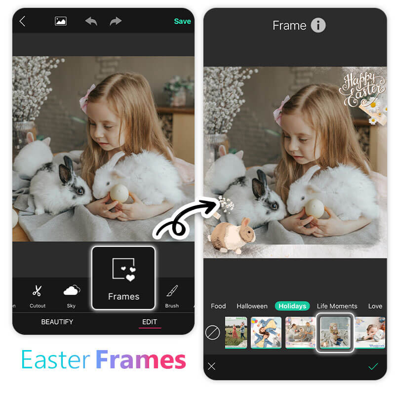 Interface do YouCam Perfect mostrando a seção de molduras de Páscoa com diferentes opções de bordas festivas