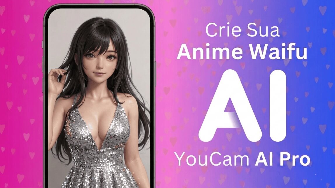 Personagem anime waifu com cabelo escuro criada com o gerador de waifu IA YouCam AI Pro, exibida na tela de um celular com fundo rosa e azul