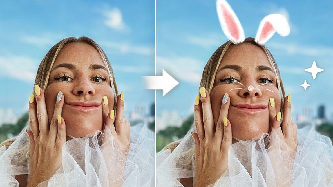 Antes e depois de selfie com filtro de orelha de coelho aplicado no YouCam Perfect, com nariz e bigodes de coelhinha