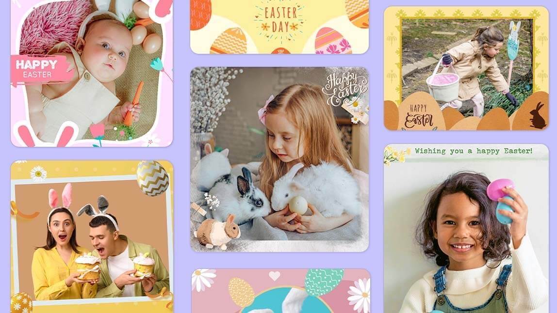 Colagem com seis exemplos de molduras de Páscoa no app YouCam Perfect, com fotos de crianças e casais decoradas com bordas temáticas em tons pastéis, ovos coloridos e coelhinhos