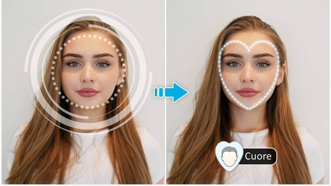Before and after image of a heart-shaped face being detected by our Face Shape Detector tool, illustrating the accuracy of the face shape analysis