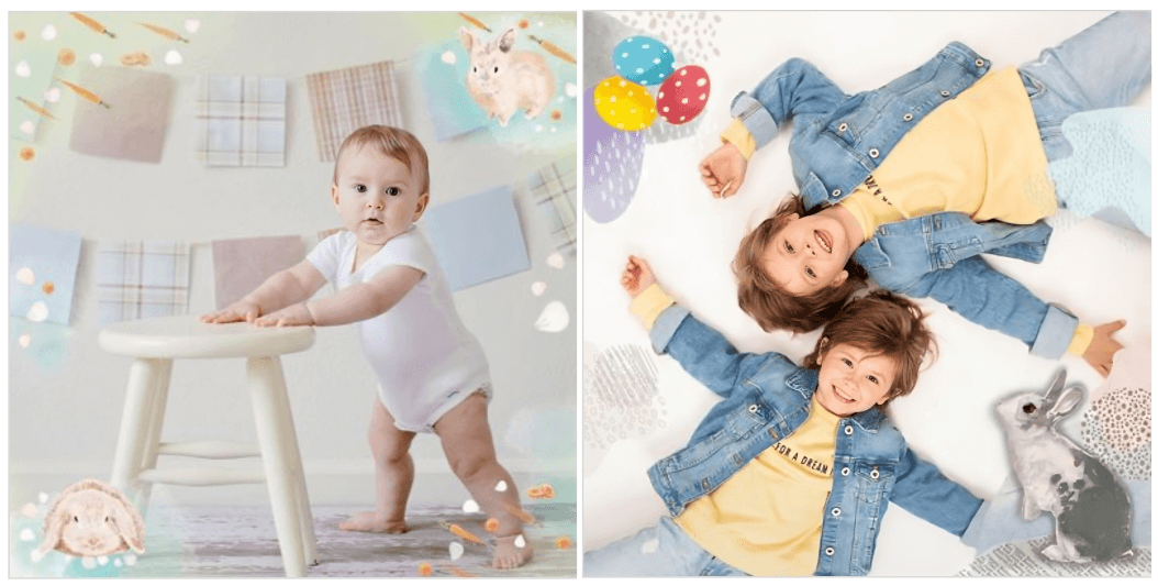 Molduras clássicas de Páscoa com ovos coloridos, pinceladas pastéis e coelhos para decorar fotos