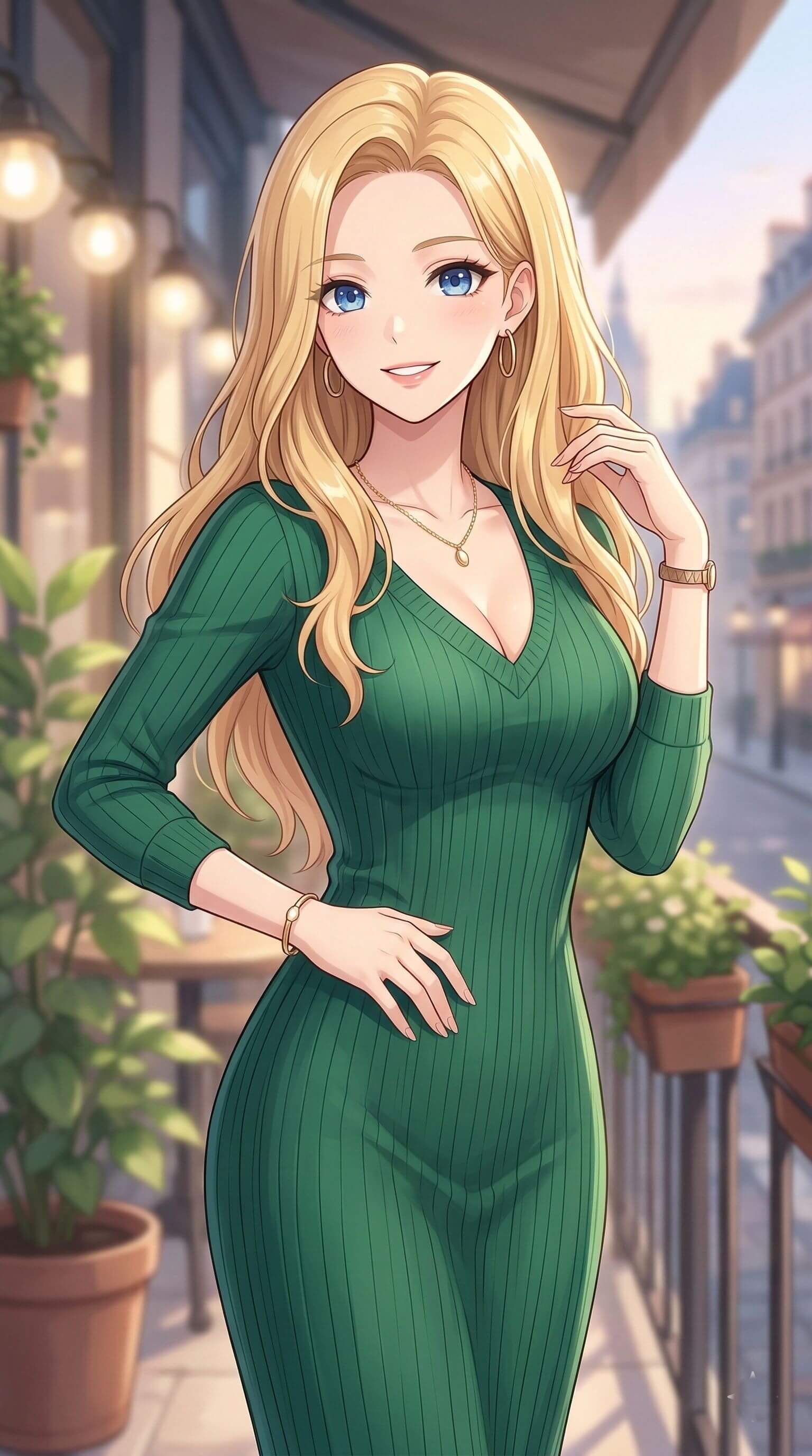 Personagem de anime waifu com cabelo loiro e olhos azuis, vestindo um vestido verde justo, gerada com o YouCam AI Pro