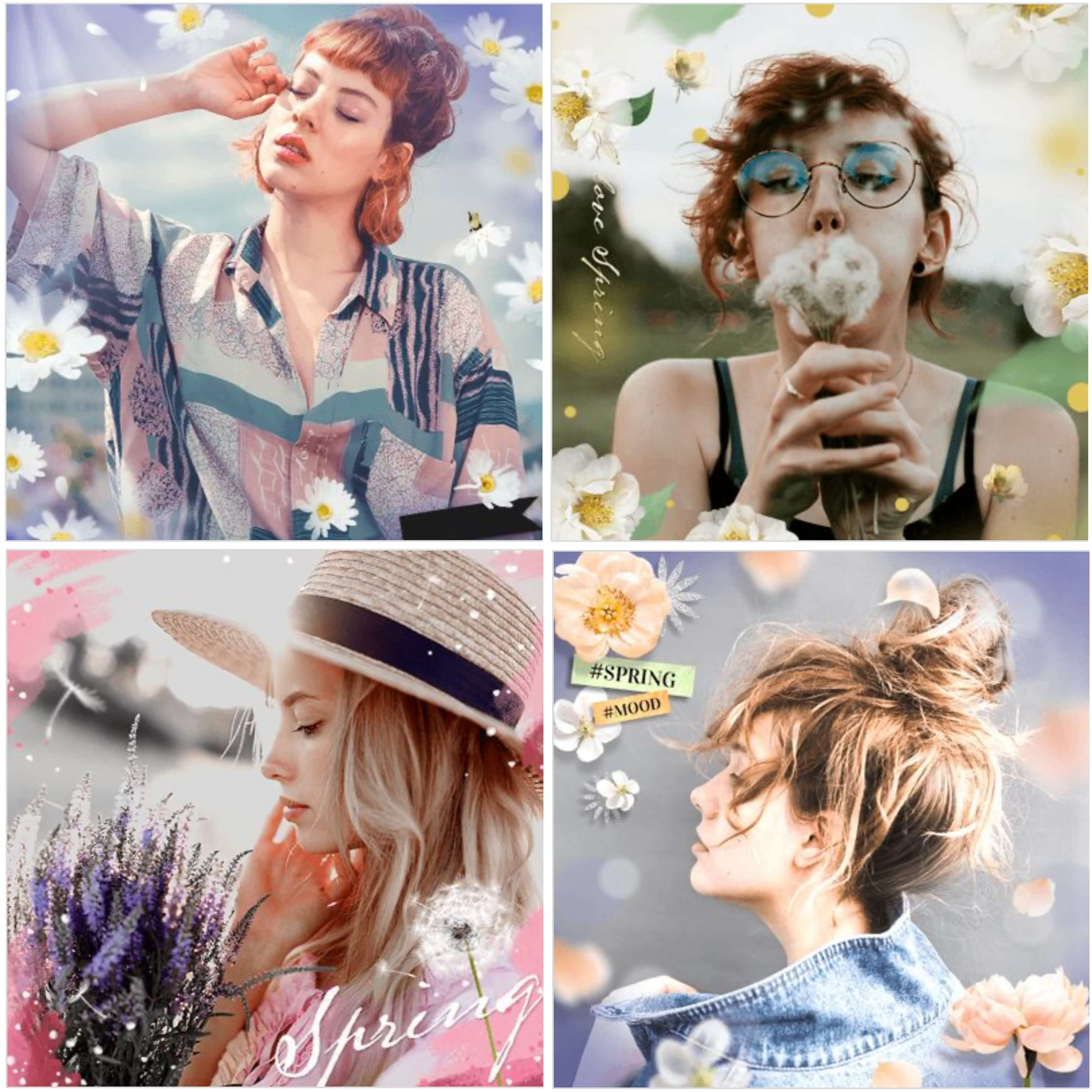 Três bordas florais de Páscoa no YouCam Perfect com girassóis, dentes-de-leão brancos e rosas cor-de-rosa