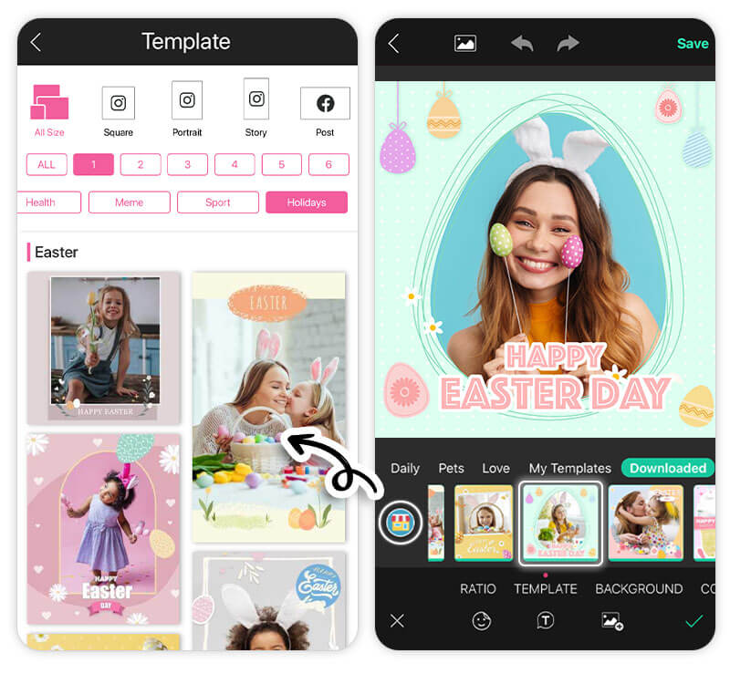 Fotos de Páscoa decoradas com molduras e bordas grátis no app YouCam Perfect mostrando resultado final festivo