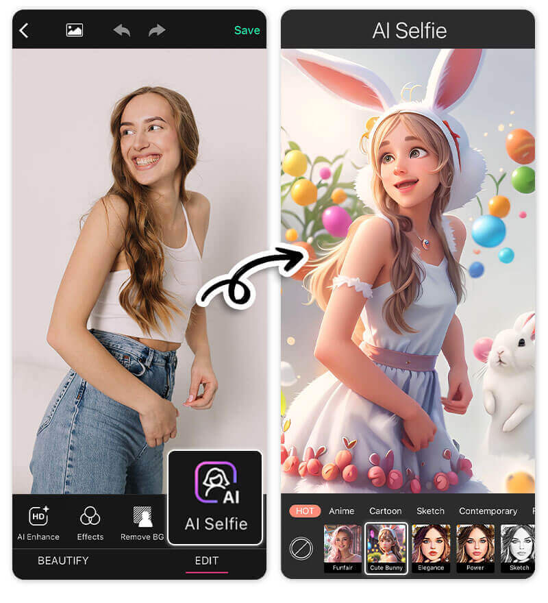 Estilos Kawaii Hop e Coelho Fofo no YouCam Perfect para transformar foto em cartoon de Páscoa